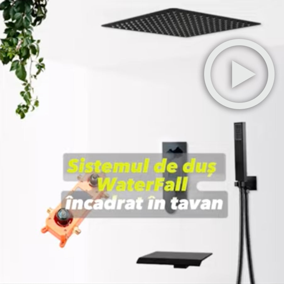 Sistem de dus Waterfall, incastrat in tavan, para patrata 40 cm, 3 functii de curgere, negru mat