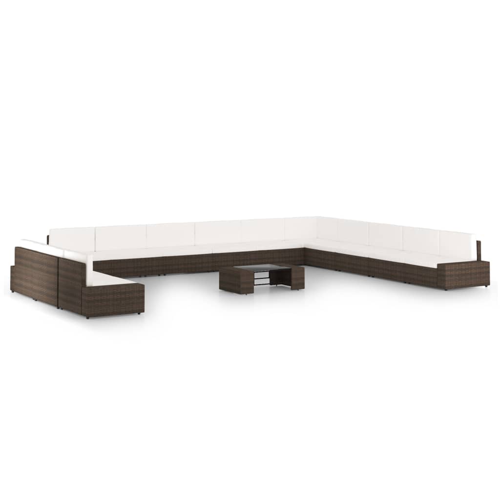 Set mobilier de gradina cu perne, 14 piese, maro, poliratan