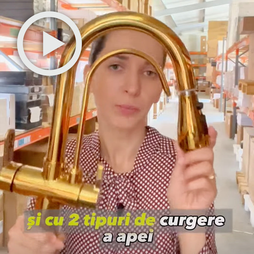 Baterie de bucatarie cu 3 cai, auriu lucios, cu 2 functii de curgere si dus extractibil