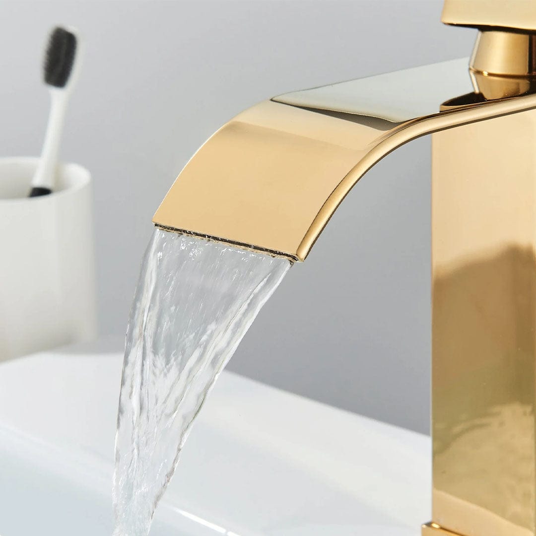 Bateria pentru lavoar, curgere tip cascada, auriu lucios