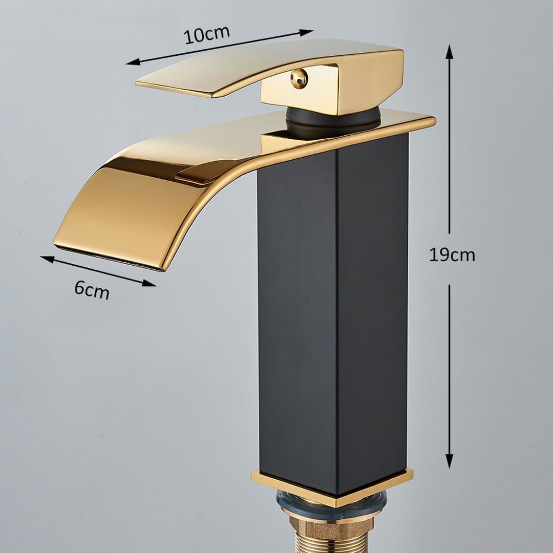 Bateria pentru lavoar, curgere tip cascada, auriu lucios/negru mat