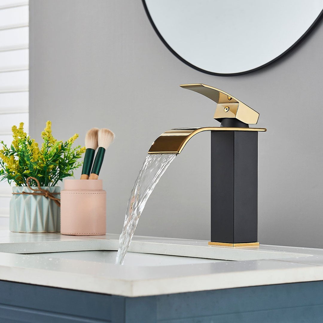 Bateria pentru lavoar, curgere tip cascada, auriu lucios/negru mat