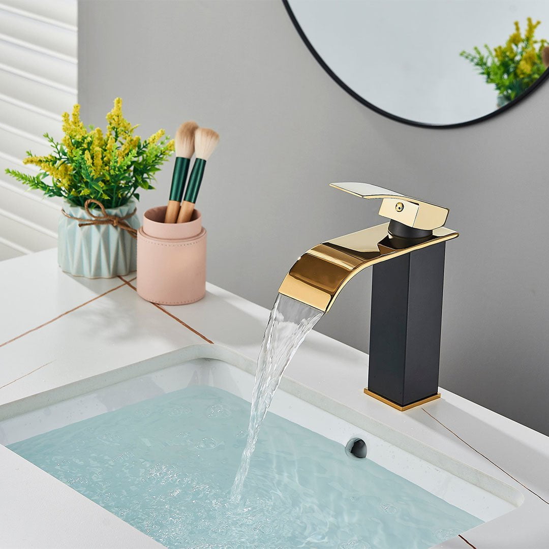 Bateria pentru lavoar, curgere tip cascada, auriu lucios/negru mat