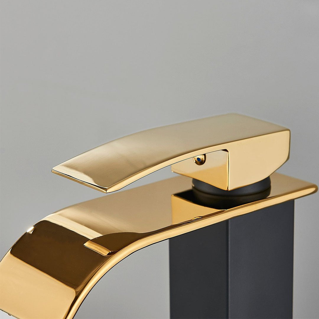 Bateria pentru lavoar, curgere tip cascada, auriu lucios/negru mat