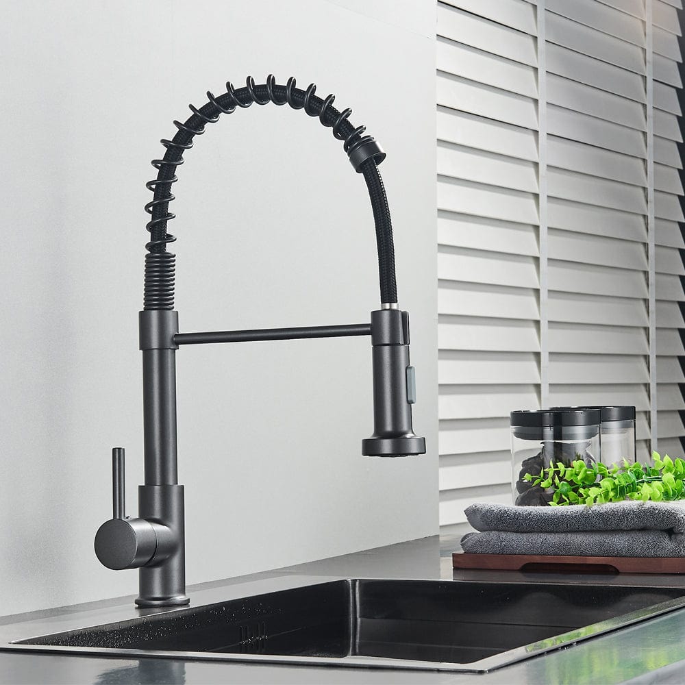 Bateria profesionala pentru bucatarie, cu 2 functii de curgere, dus flexibil, finisaj gri antracit