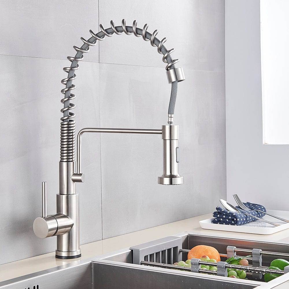 Bateria profesionala pentru bucatarie Heim Chrome, cu 2 functii de curgere, dus extractibil, senzor tactil de pornire/oprire, argintiu nichelat