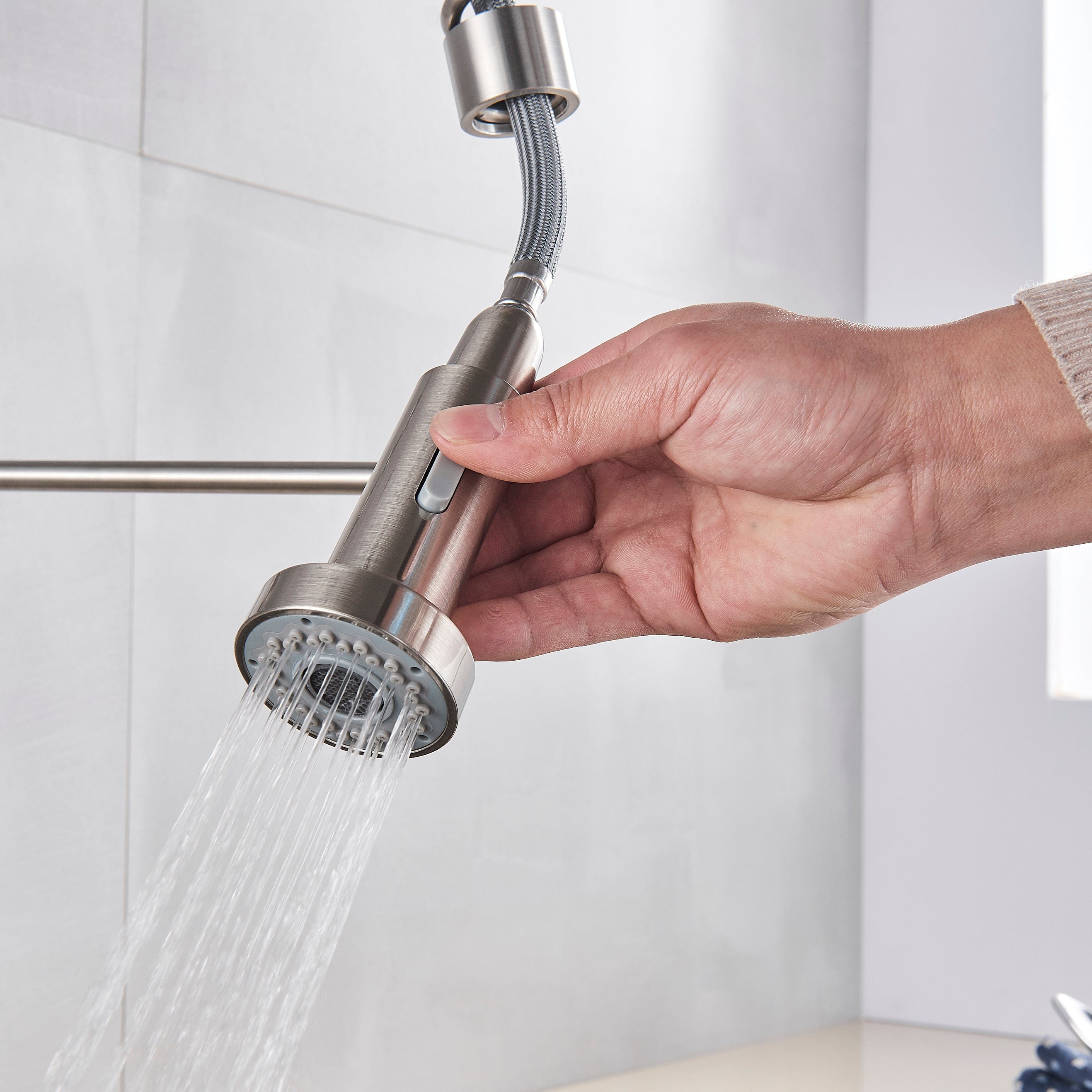 Bateria profesionala pentru bucatarie Heim Chrome, cu 2 functii de curgere, dus extractibil, senzor tactil de pornire/oprire, argintiu nichelat