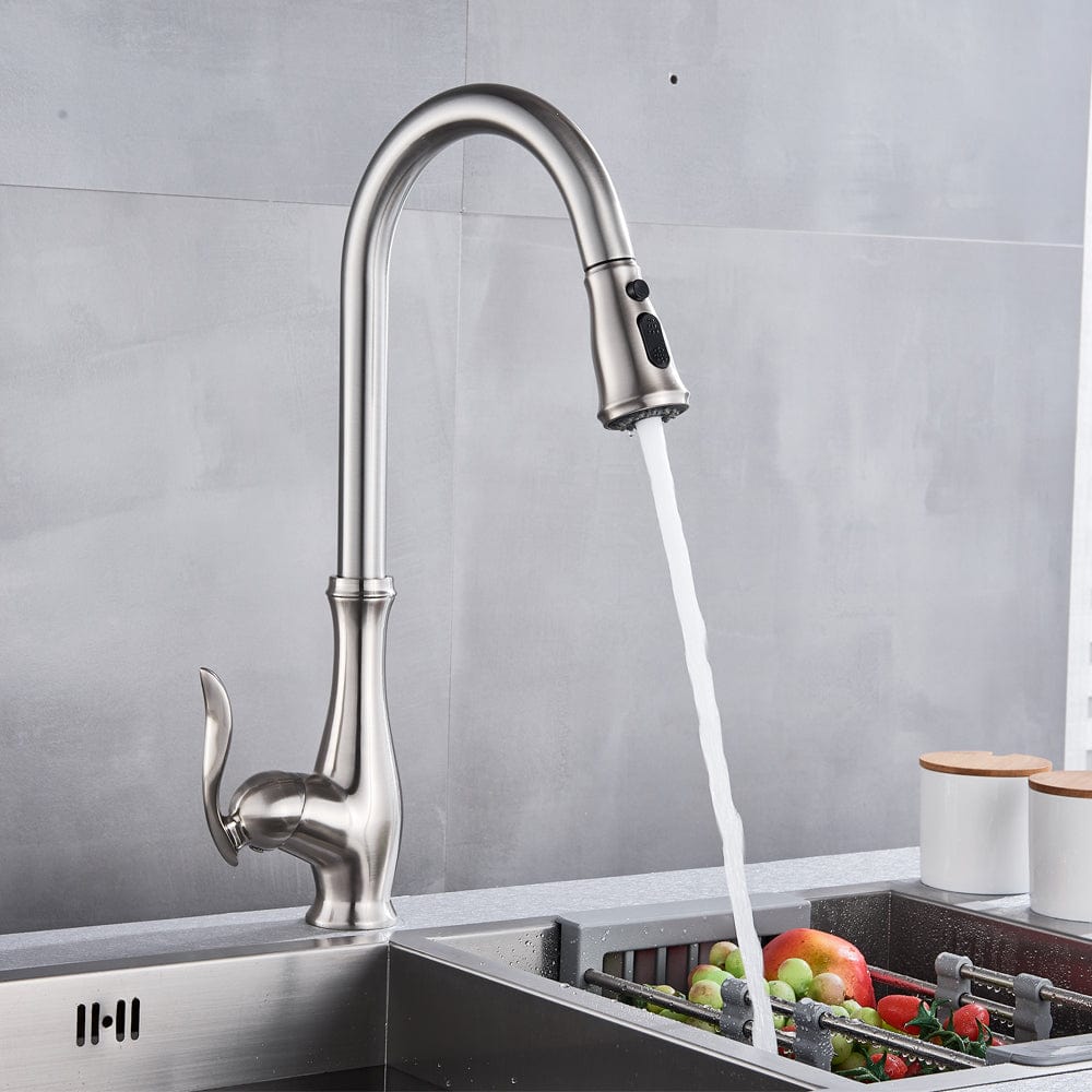 Bateria profesionala pentru bucatarie Shein, cu 2 functii de curgere, dus extractibil, argintiu nichelat