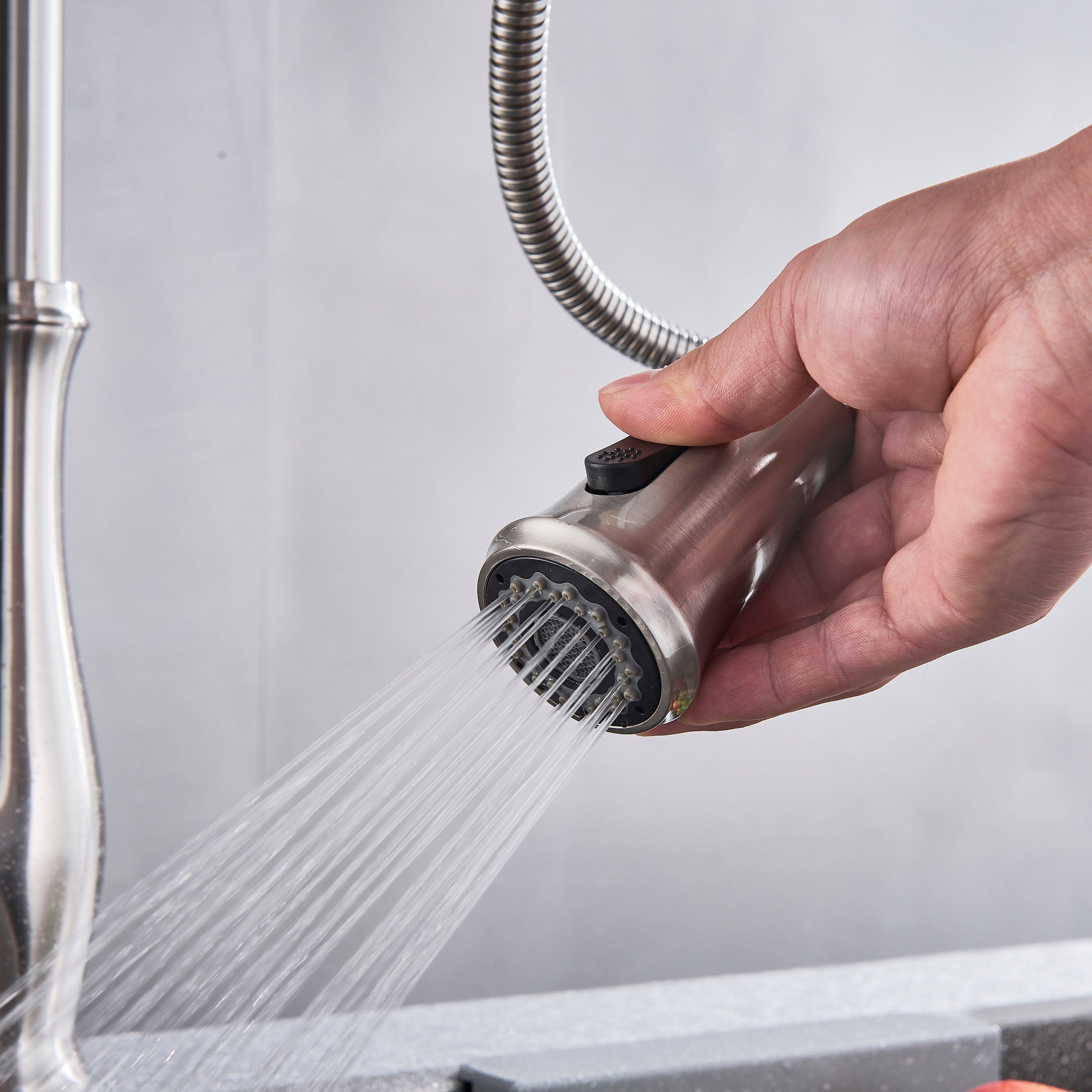 Bateria profesionala pentru bucatarie Shein, cu 2 functii de curgere, dus extractibil, argintiu nichelat