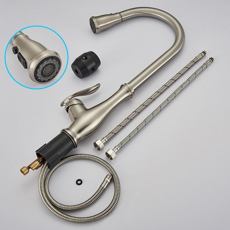 Bateria profesionala pentru bucatarie Shein, cu 2 functii de curgere, dus extractibil, argintiu nichelat