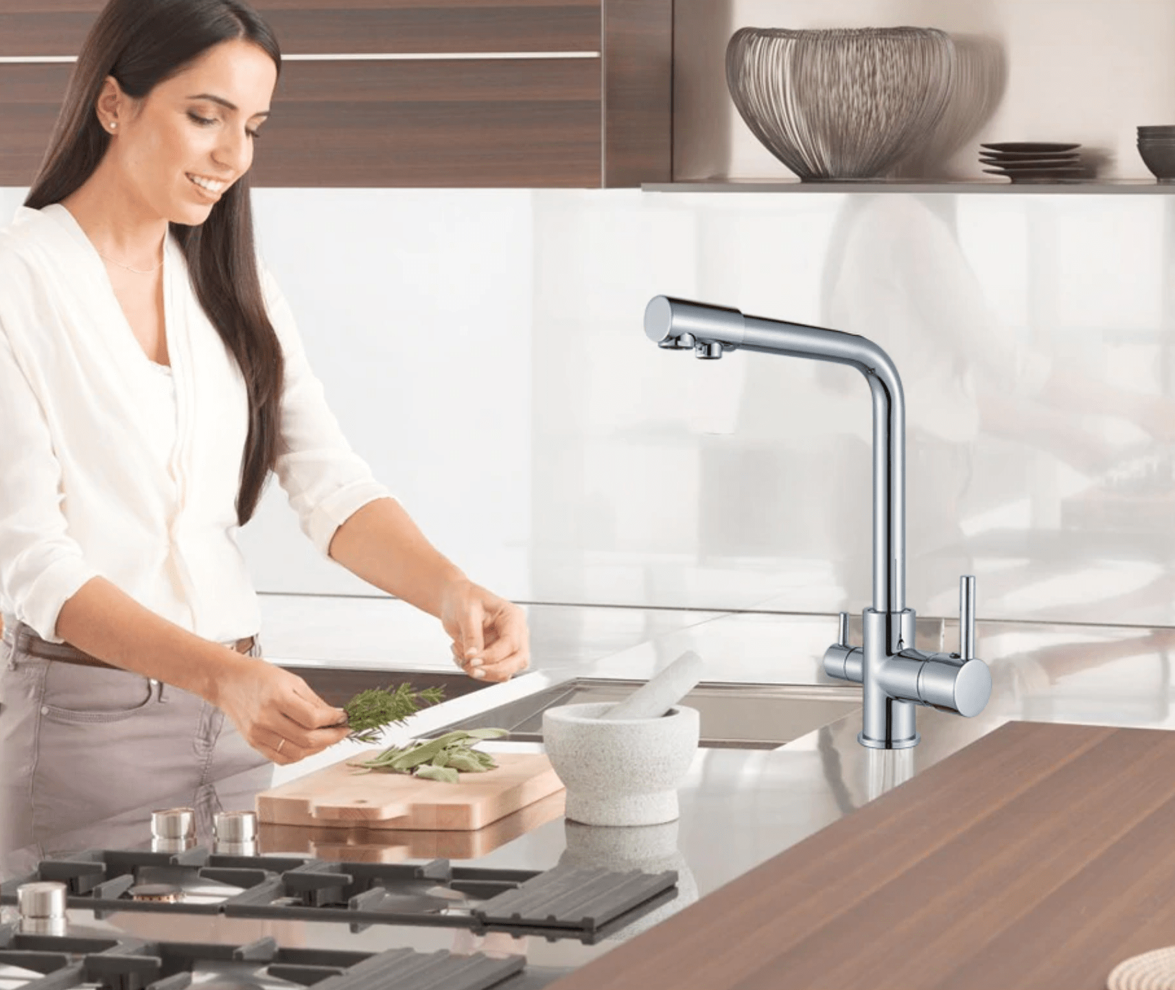 Baterie bucatarie cu 3 cai pentru filtru de purificare, argintiu cromat