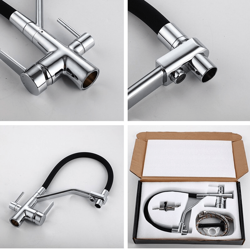 Baterie bucatarie cu 3 cai pentru filtru de purificare, argintiu cu negru