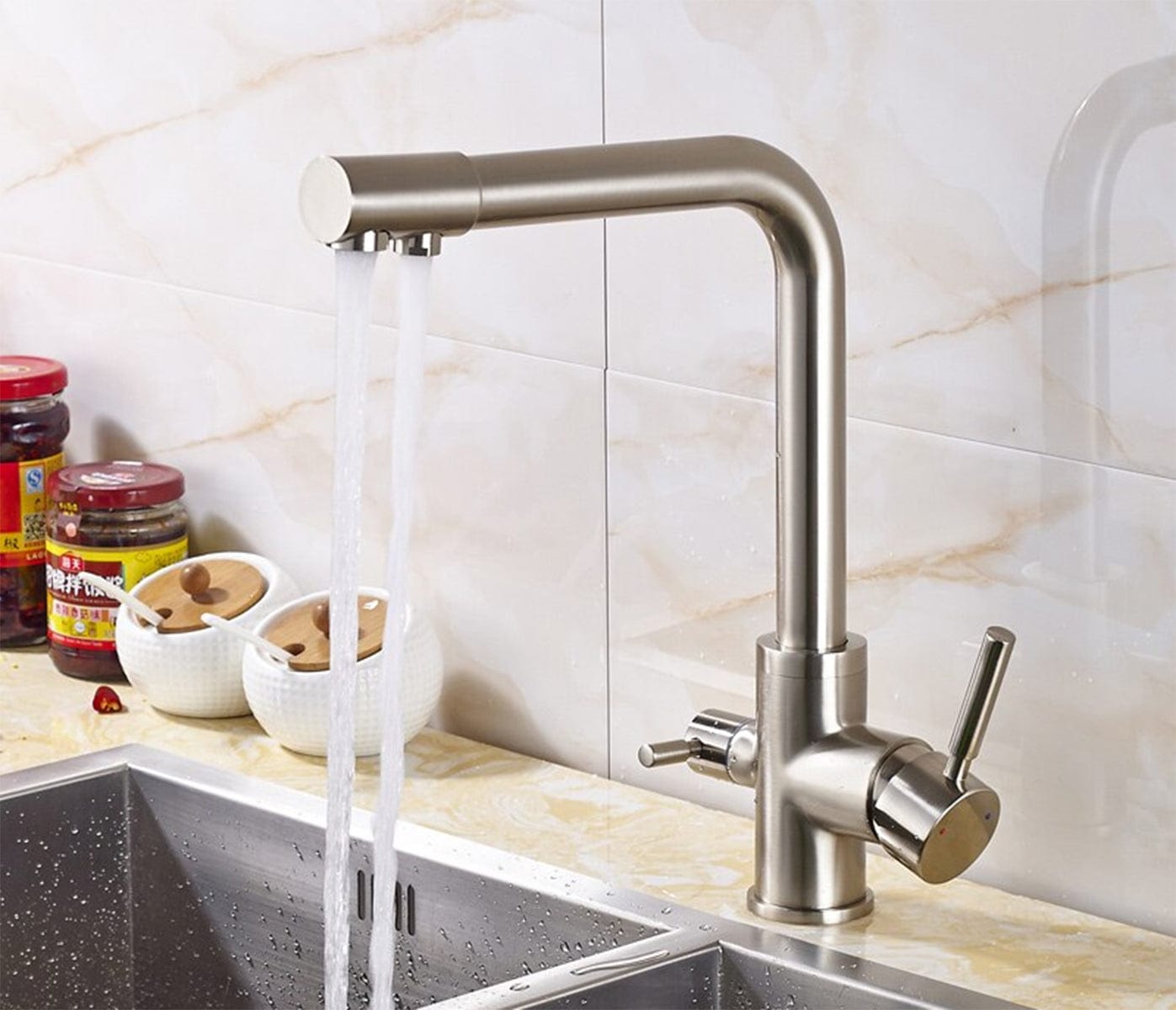 Baterie bucatarie cu 3 cai pentru filtru de purificare, argintiu nichelat (semi-lucios)