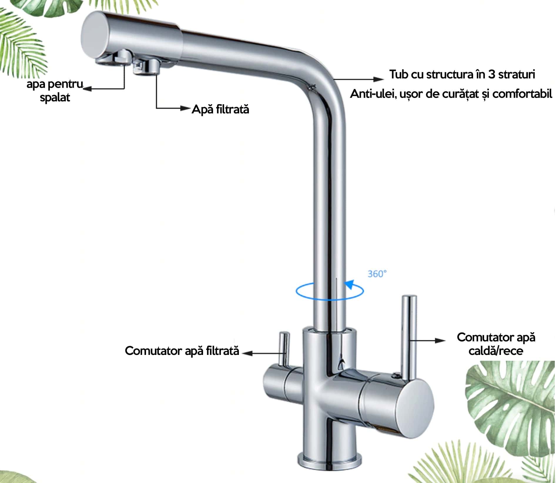 Baterie bucatarie cu 3 cai pentru filtru de purificare, argintiu nichelat (semi-lucios)