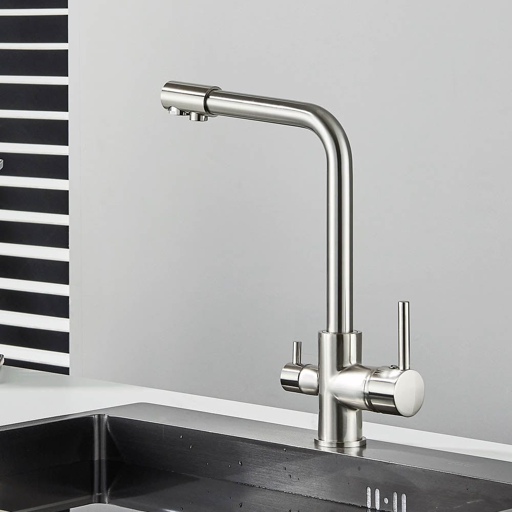 Baterie bucatarie cu 3 cai pentru filtru de purificare, argintiu nichelat (semi-lucios)