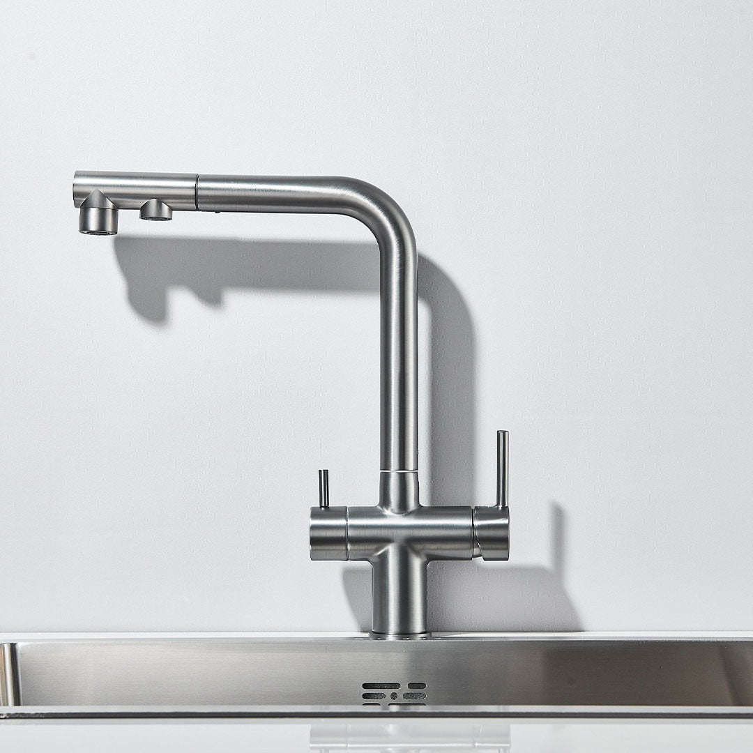 Baterie bucatarie cu 3 cai pentru filtru de purificare, argintiu periat