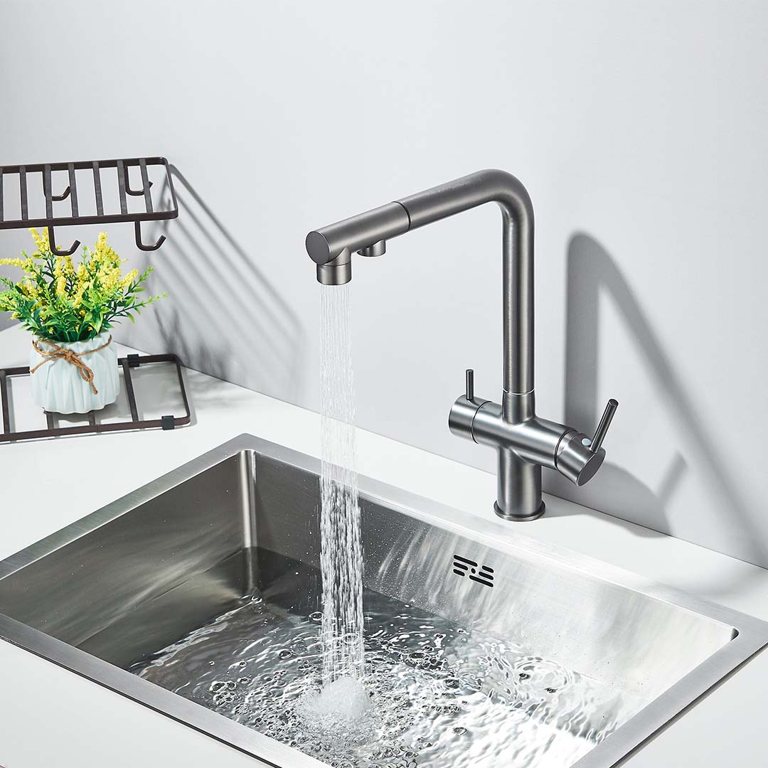 Baterie bucatarie cu 3 cai pentru filtru de purificare, argintiu periat