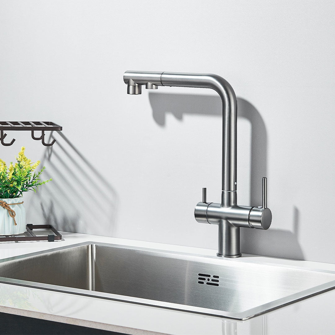 Baterie bucatarie cu 3 cai pentru filtru de purificare, argintiu periat