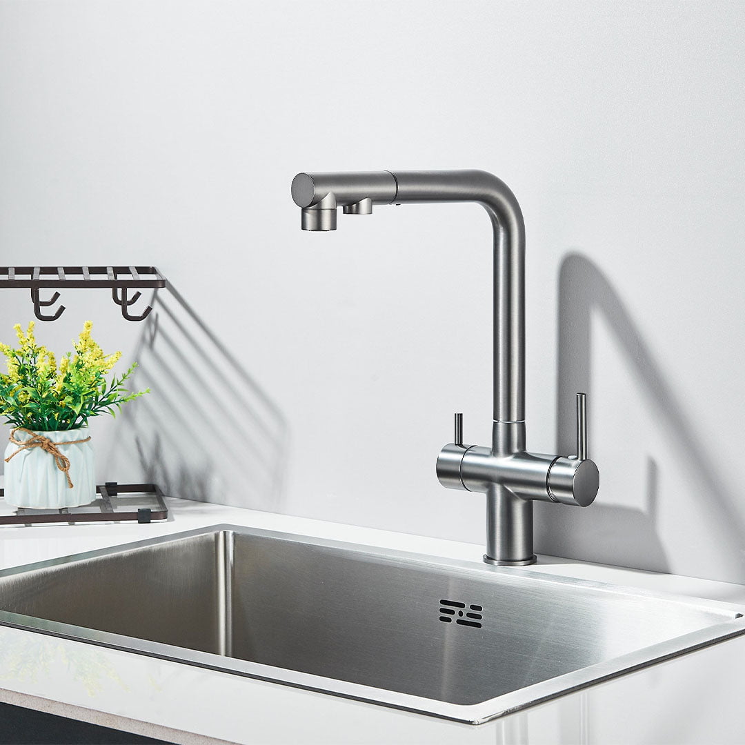 Baterie bucatarie cu 3 cai pentru filtru de purificare, argintiu periat