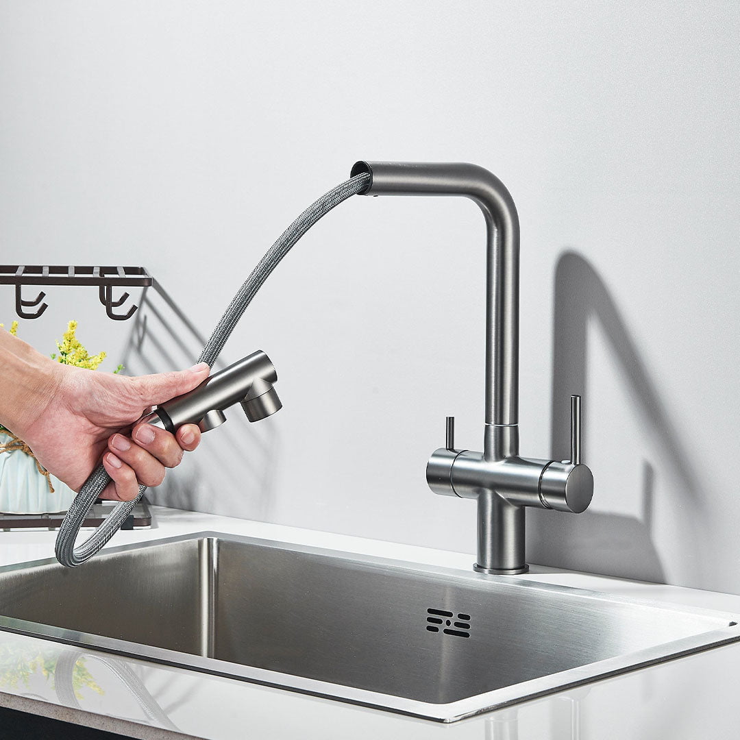 Baterie bucatarie cu 3 cai pentru filtru de purificare, argintiu periat