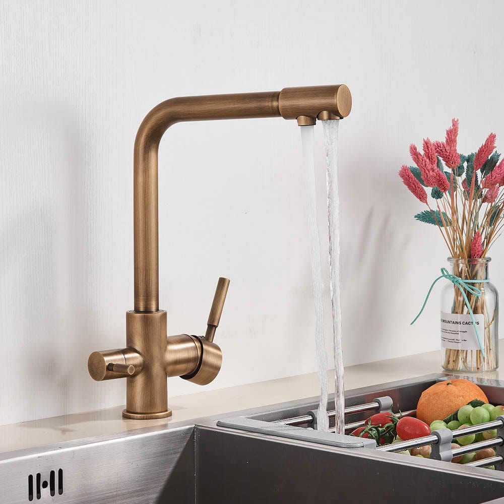 Baterie bucatarie cu 3 cai pentru filtru de purificare, auriu antichizat