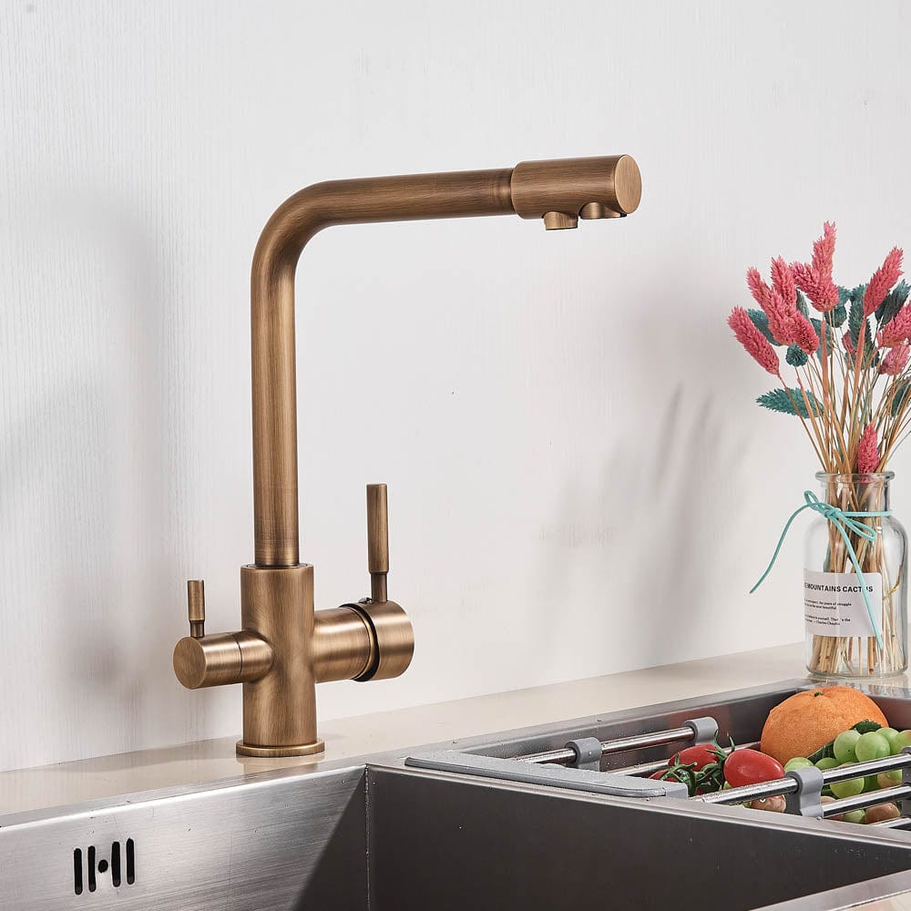 Baterie bucatarie cu 3 cai pentru filtru de purificare, auriu antichizat