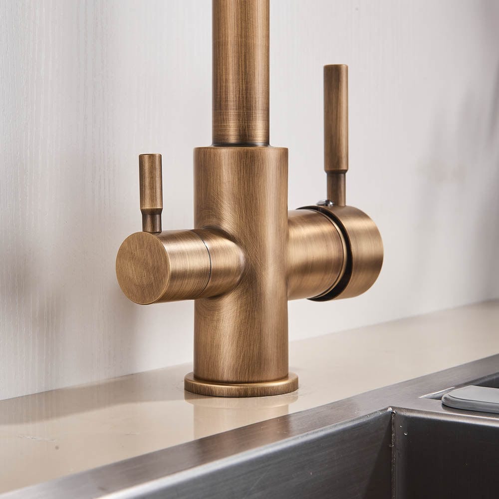 Baterie bucatarie cu 3 cai pentru filtru de purificare, auriu antichizat