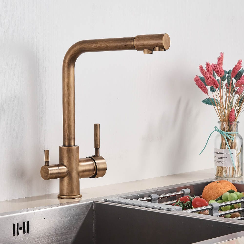 Baterie bucatarie cu 3 cai pentru filtru de purificare, auriu antichizat