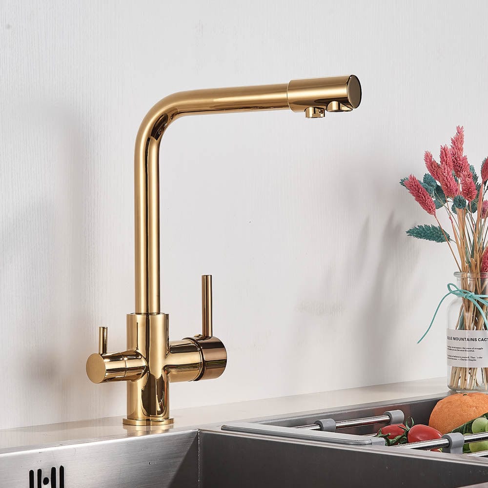 Baterie bucatarie cu 3 cai pentru filtru de purificare, auriu