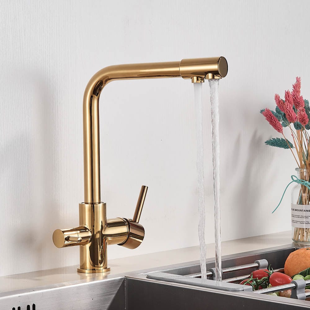 Baterie bucatarie cu 3 cai pentru filtru de purificare, auriu