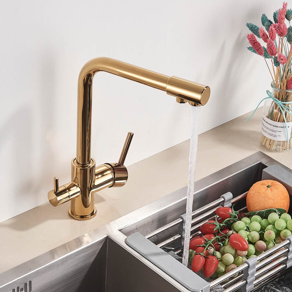 Baterie bucatarie cu 3 cai pentru filtru de purificare, auriu