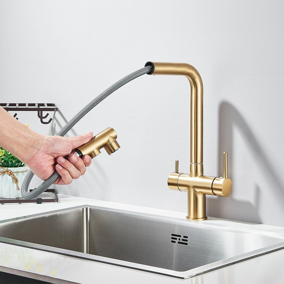 Baterie bucatarie cu 3 cai pentru filtru de purificare, auriu mat