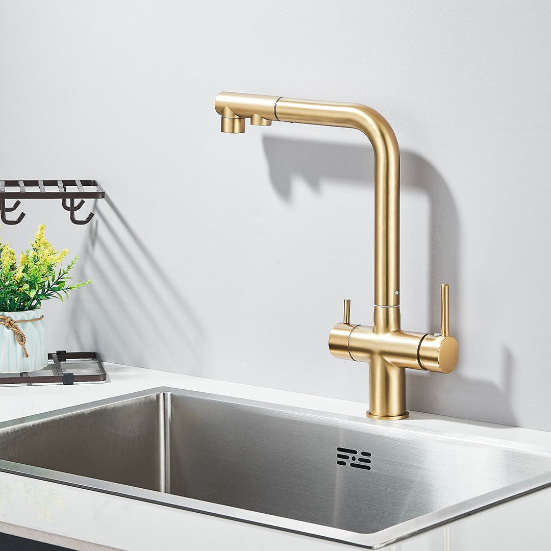 Baterie bucatarie cu 3 cai pentru filtru de purificare, auriu mat