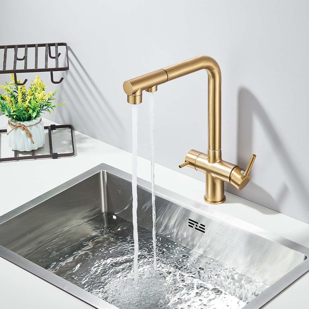 Baterie bucatarie cu 3 cai pentru filtru de purificare, auriu mat