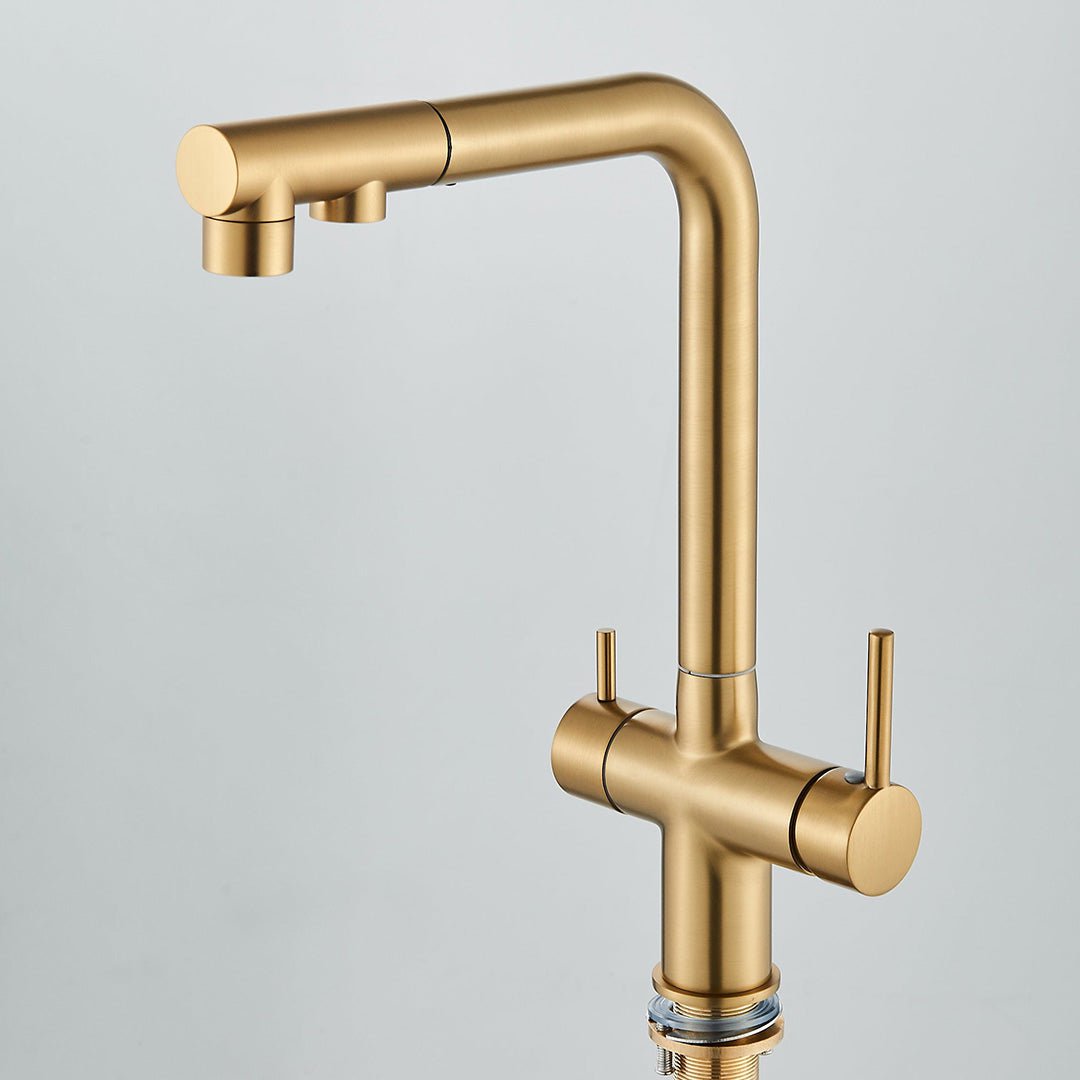 Baterie bucatarie cu 3 cai pentru filtru de purificare, auriu mat