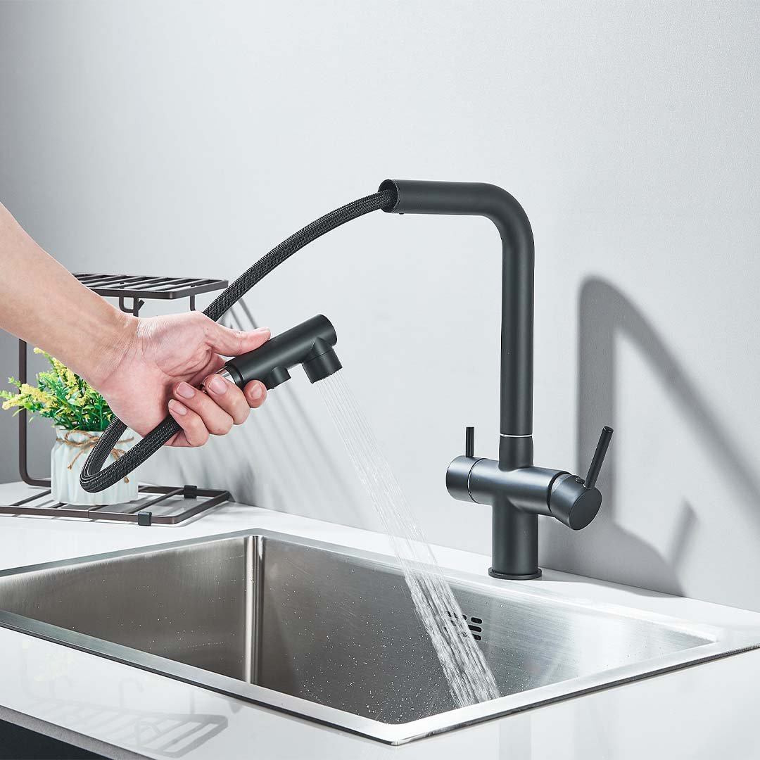 Baterie bucatarie cu 3 cai pentru filtru de purificare, negru mat