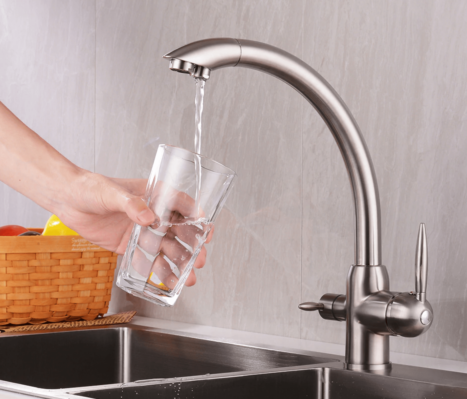 Baterie bucatarie cu 3 cai pentru filtru de purificare, nichelata