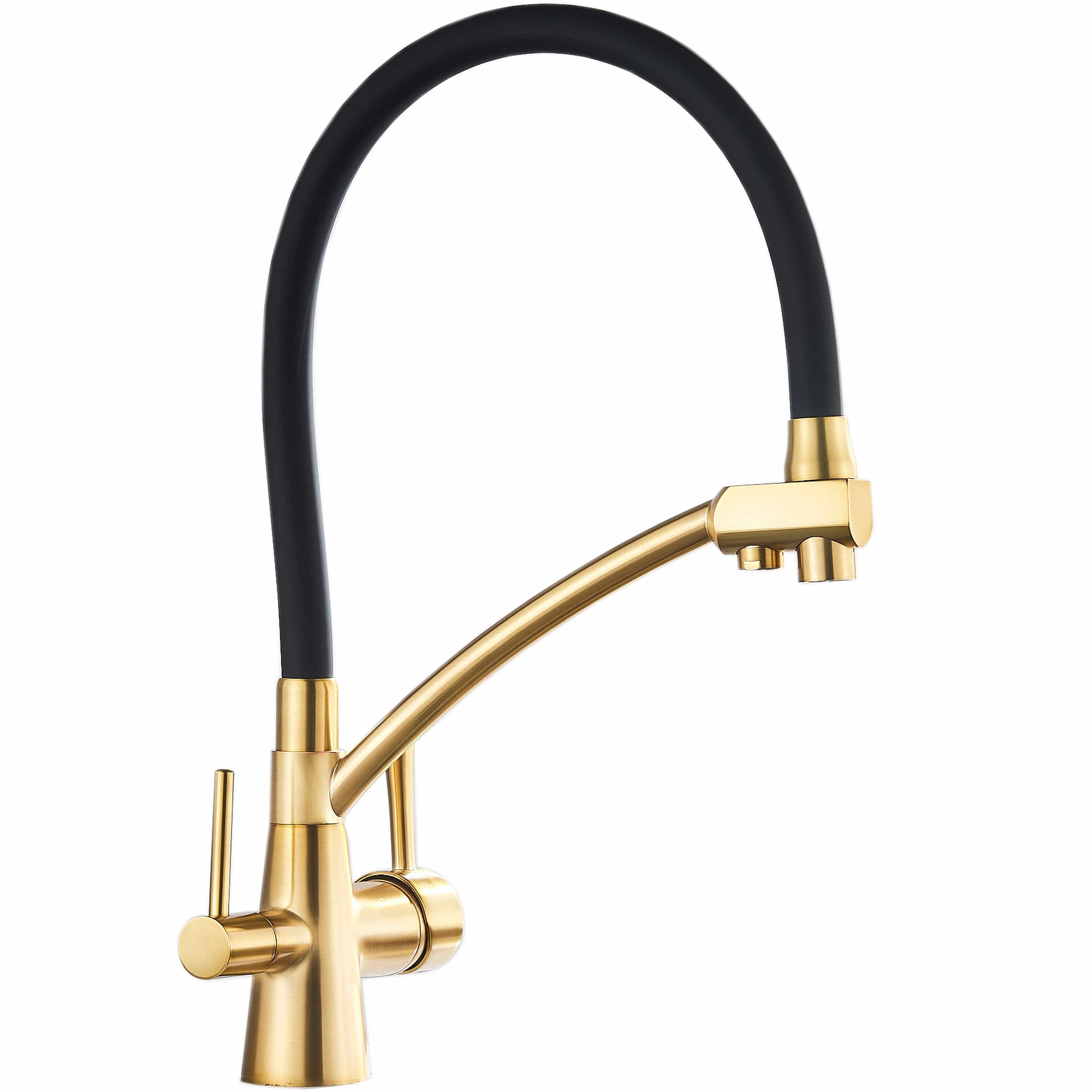 Baterie bucatarie cu 3 cai pentru filtru de purificare si 2 functii de curgere a apei, auriu cu negru