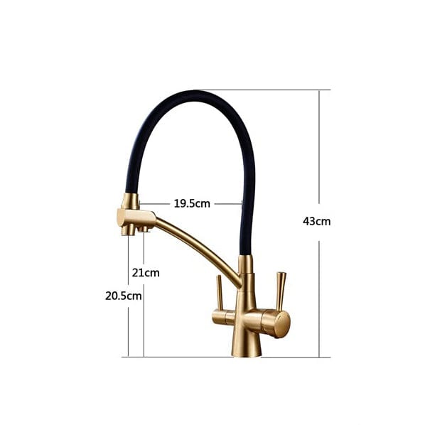 Baterie bucatarie cu 3 cai pentru filtru de purificare si 2 functii de curgere a apei, auriu cu negru