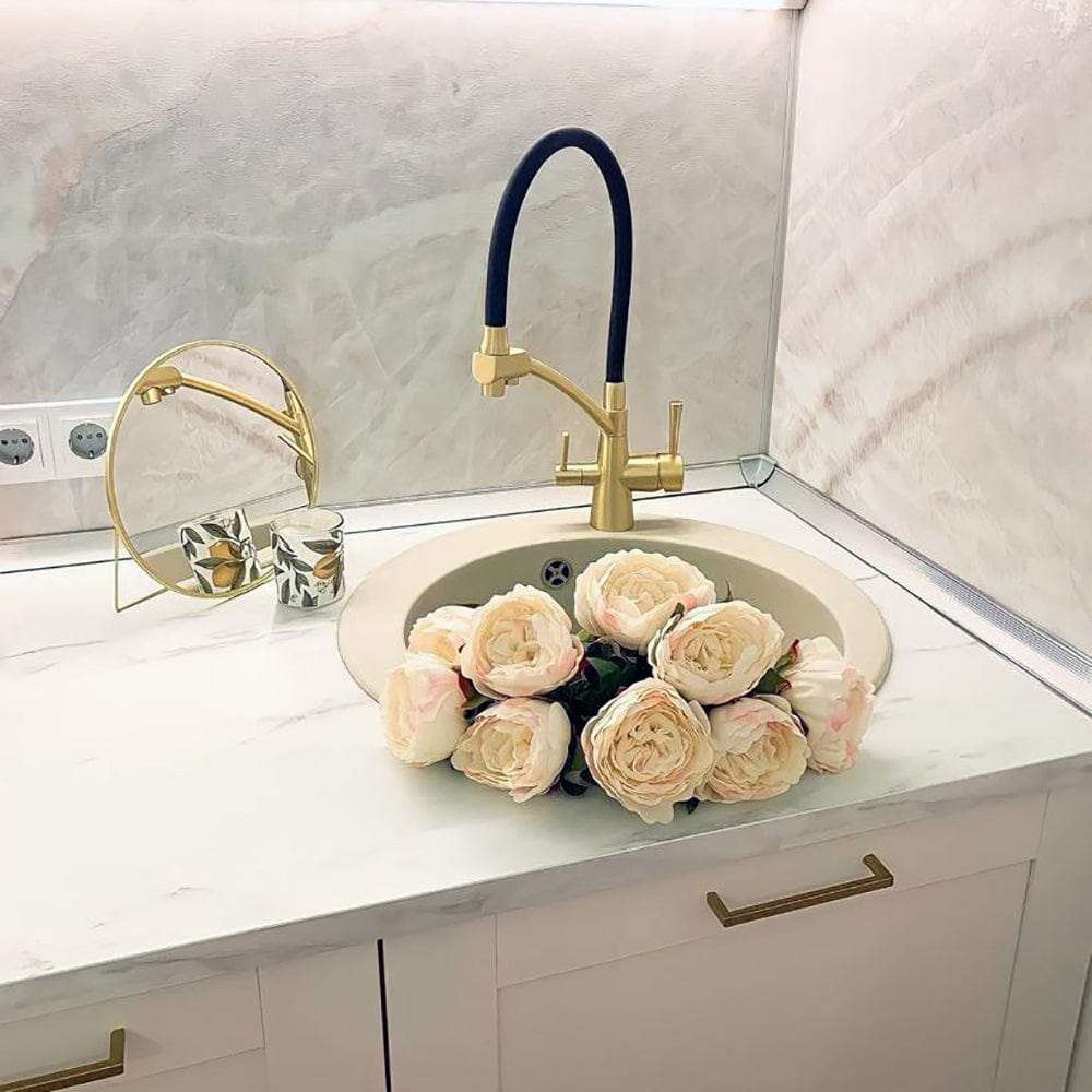 Baterie bucatarie cu 3 cai pentru filtru de purificare si 2 functii de curgere a apei, auriu cu negru