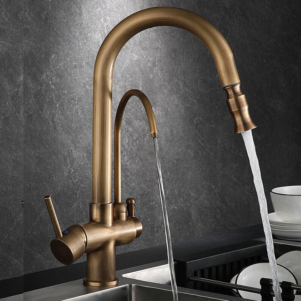 Baterie bucatarie cu 3 cai pentru filtru de purificare si dus extractibil, auriu antichizat