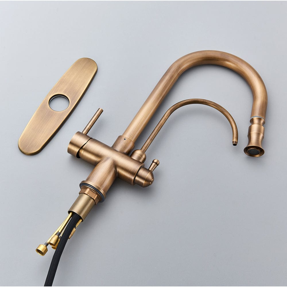 Baterie bucatarie cu 3 cai pentru filtru de purificare si dus extractibil, auriu antichizat