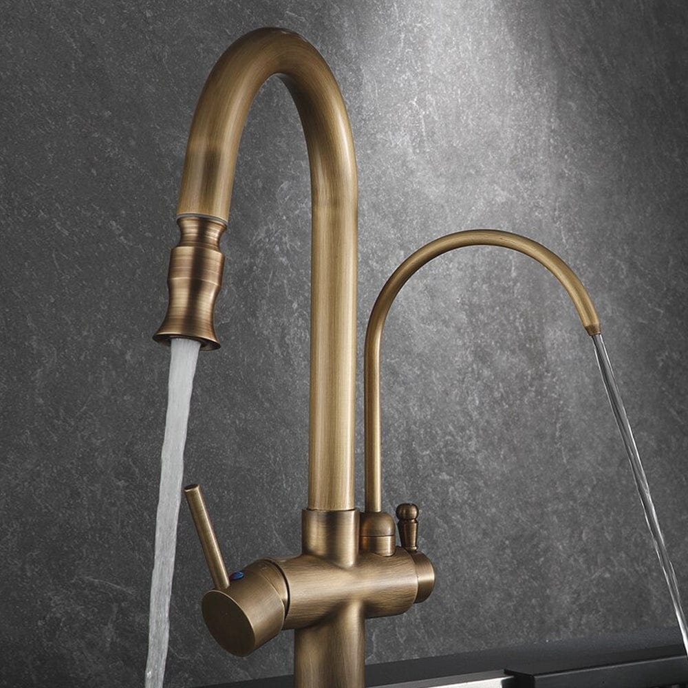 Baterie bucatarie cu 3 cai pentru filtru de purificare si dus extractibil, auriu antichizat