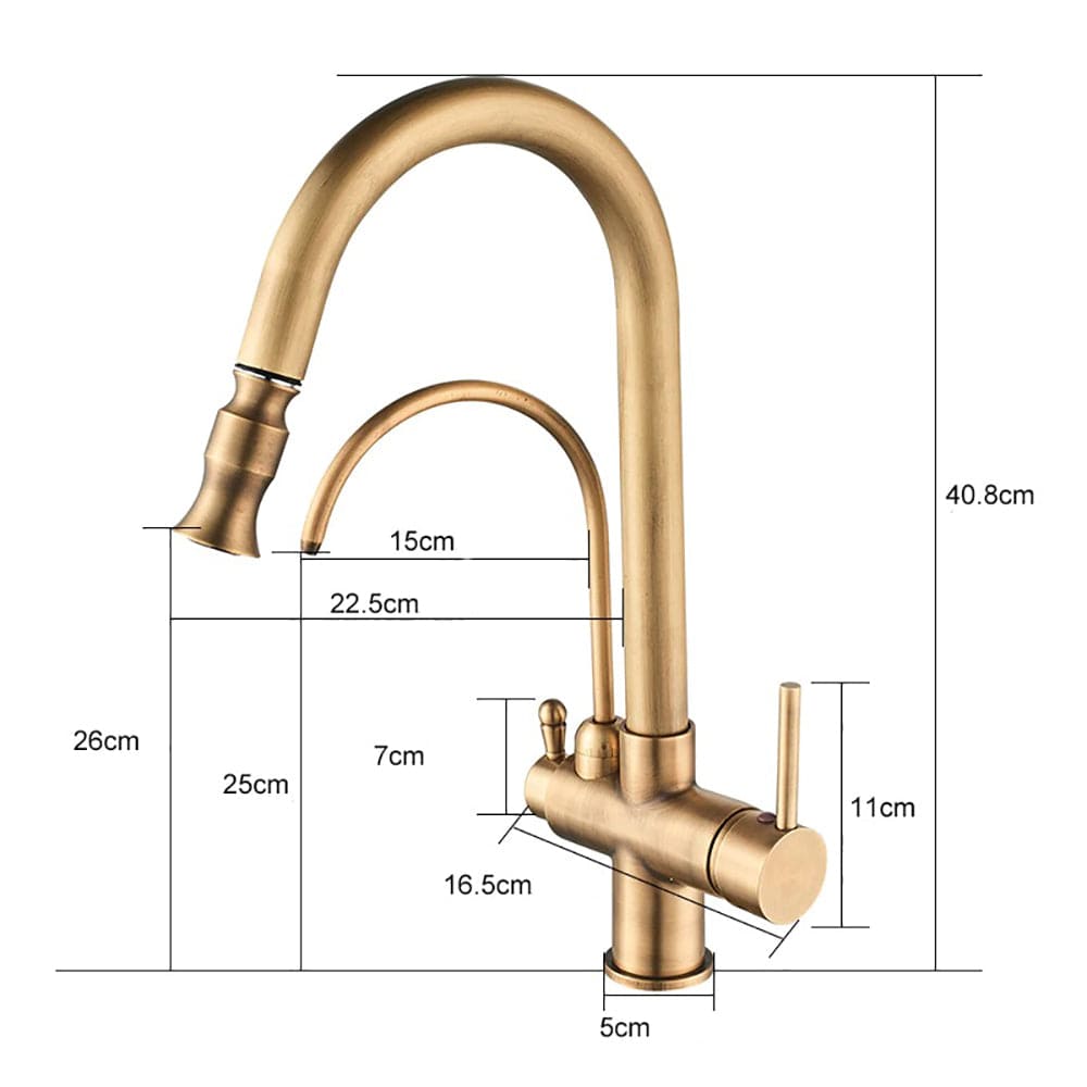 Baterie bucatarie cu 3 cai pentru filtru de purificare si dus extractibil, auriu antichizat