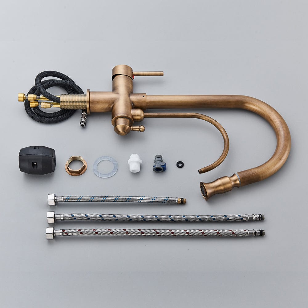 Baterie bucatarie cu 3 cai pentru filtru de purificare si dus extractibil, auriu antichizat