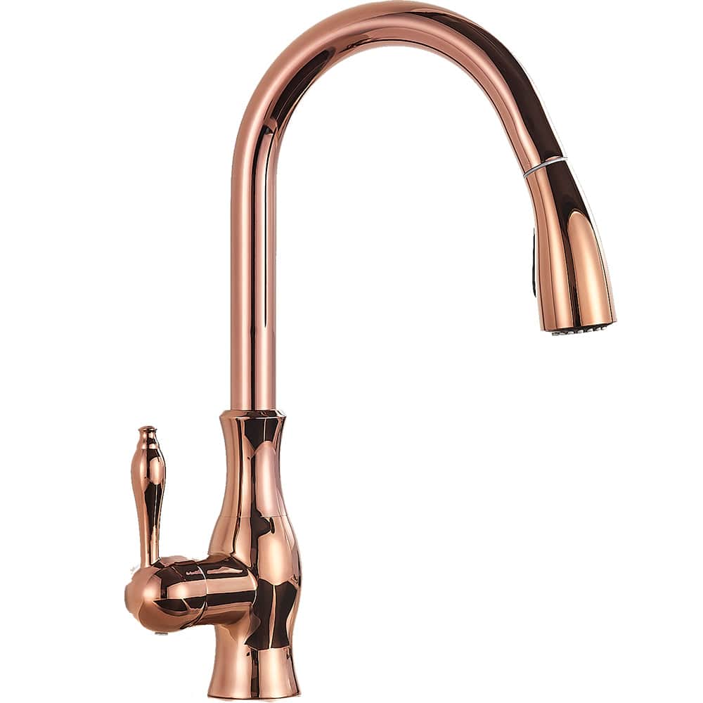 Baterie bucatarie culoare cupru, cu dus extractibil si 2 functii de curgere a apei
