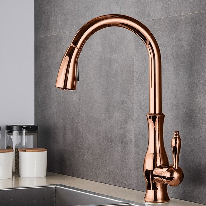 Baterie bucatarie culoare cupru, cu dus extractibil si 2 functii de curgere a apei
