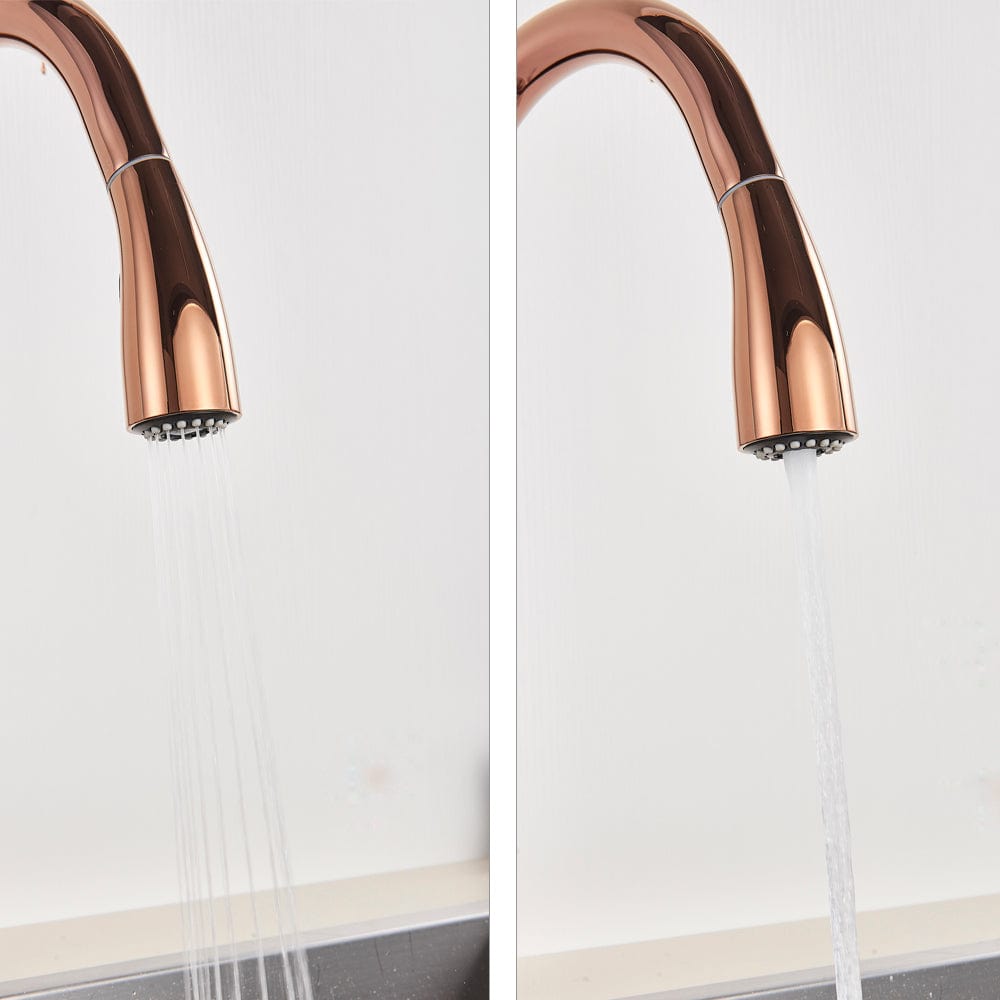 Baterie bucatarie culoare cupru, cu dus extractibil si 2 functii de curgere a apei