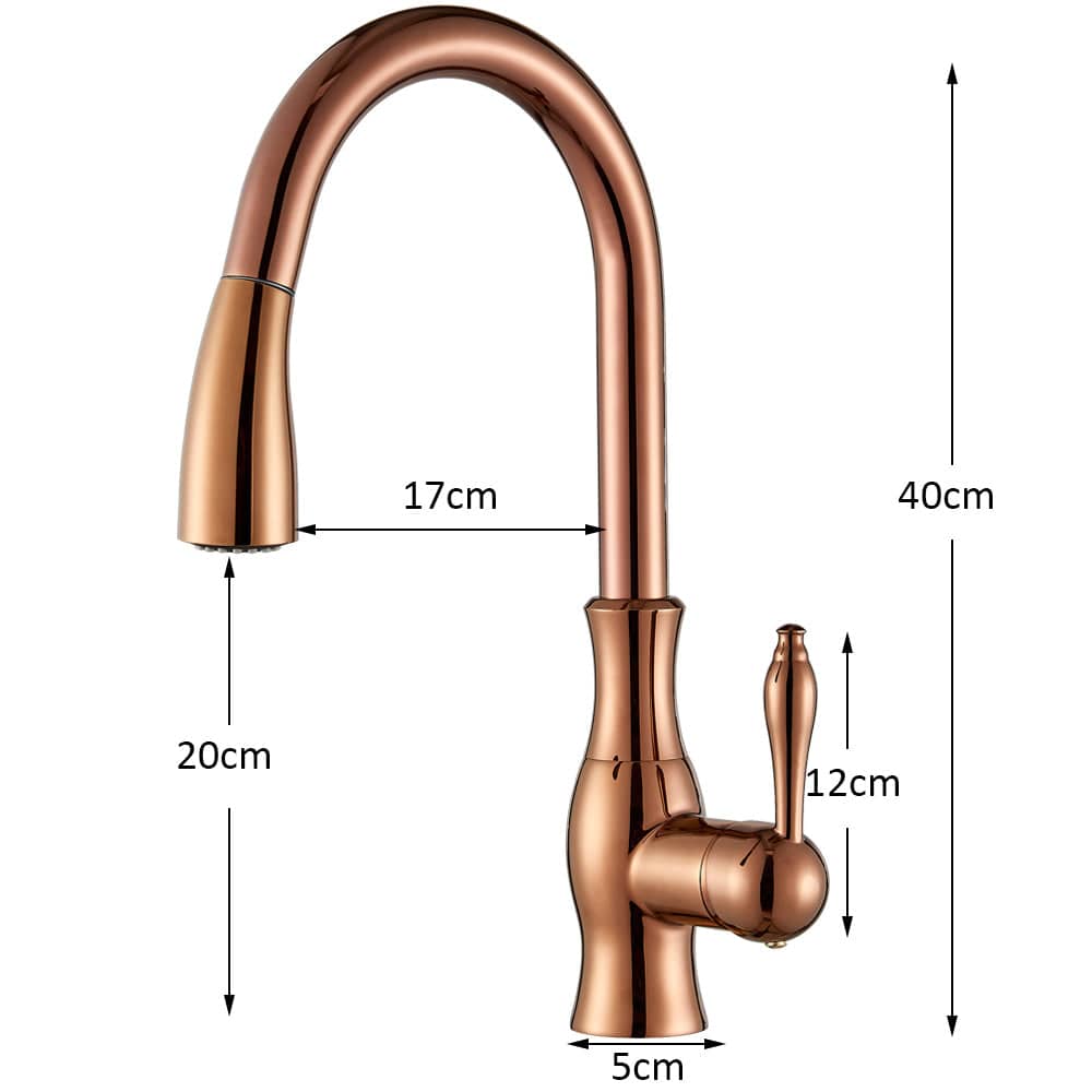 Baterie bucatarie culoare cupru, cu dus extractibil si 2 functii de curgere a apei