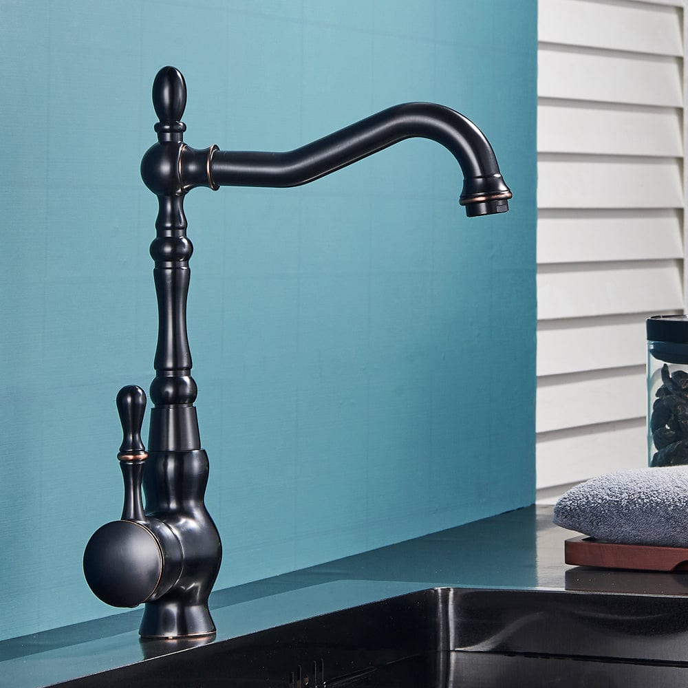 Baterie bucatarie retro, inalta, cu montare pe chiuveta sau blat, negru cu bronz pe margine